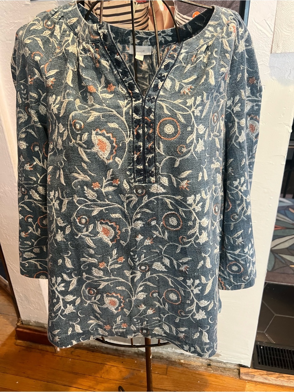 Women's Indigo Floral Pintuck Tunic Top